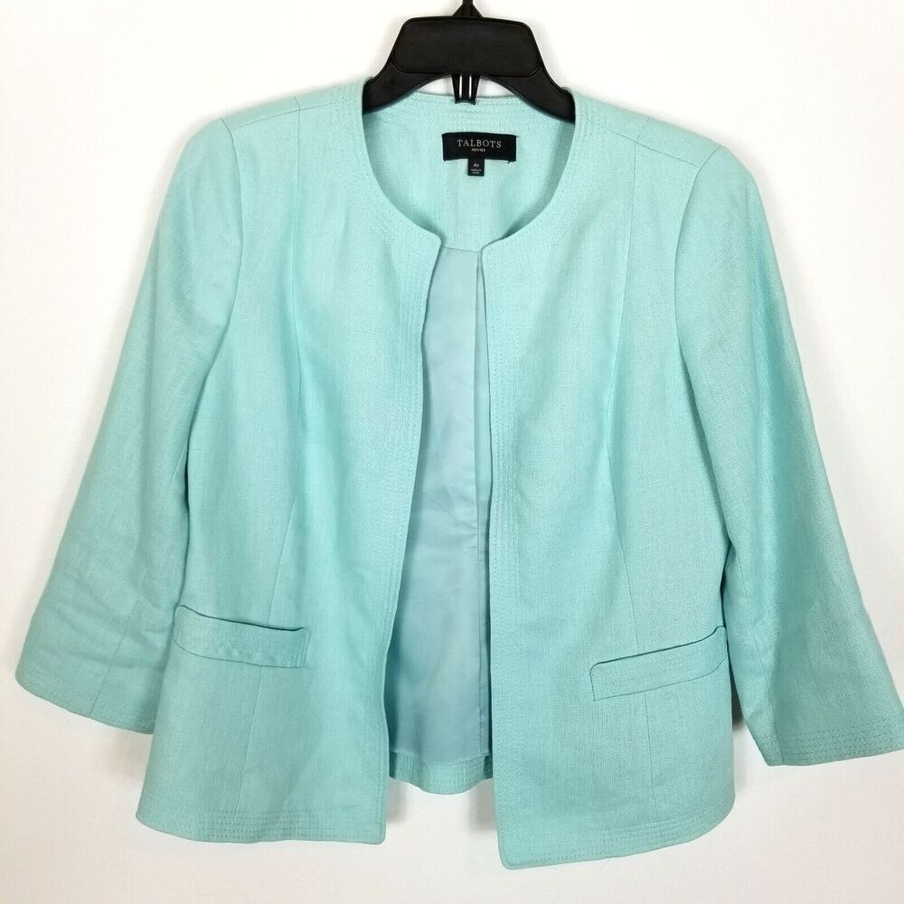 Talbots Women Linen Blazer Blazer Jacket Size 4 Petite Light Blue Open Front